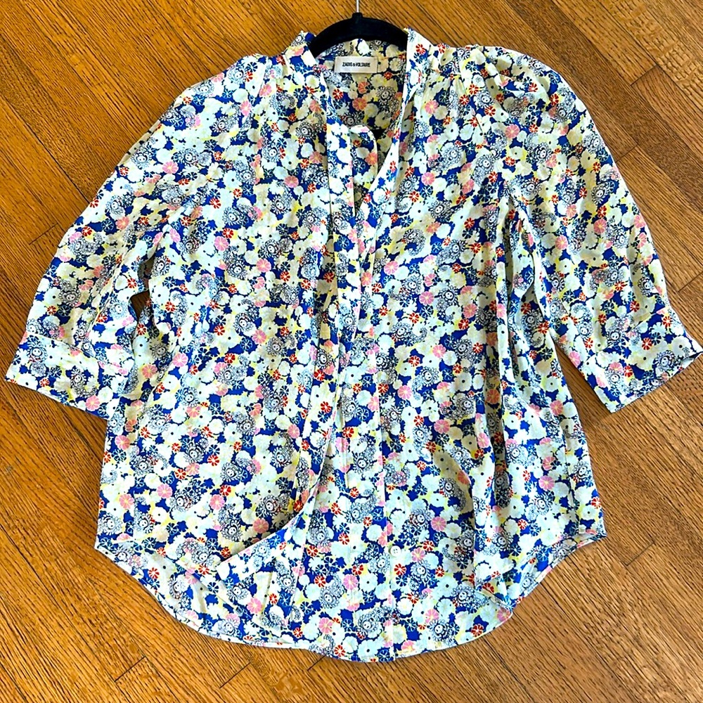 Zadig et Voltaire short sleeve tie neck blouse with floral skull design